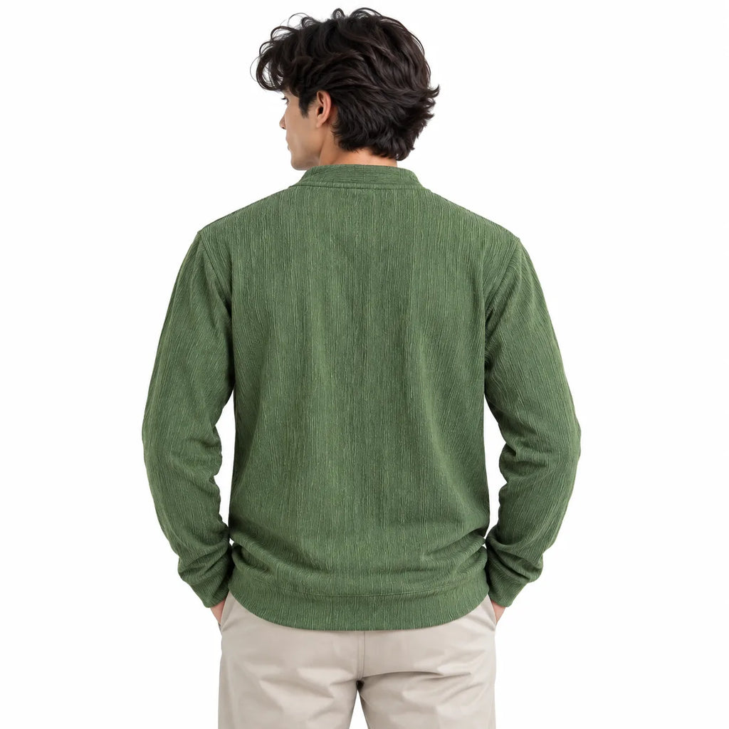 Forest green Textured Split-Neck Full Sleeve tee | Relaxed Fit
