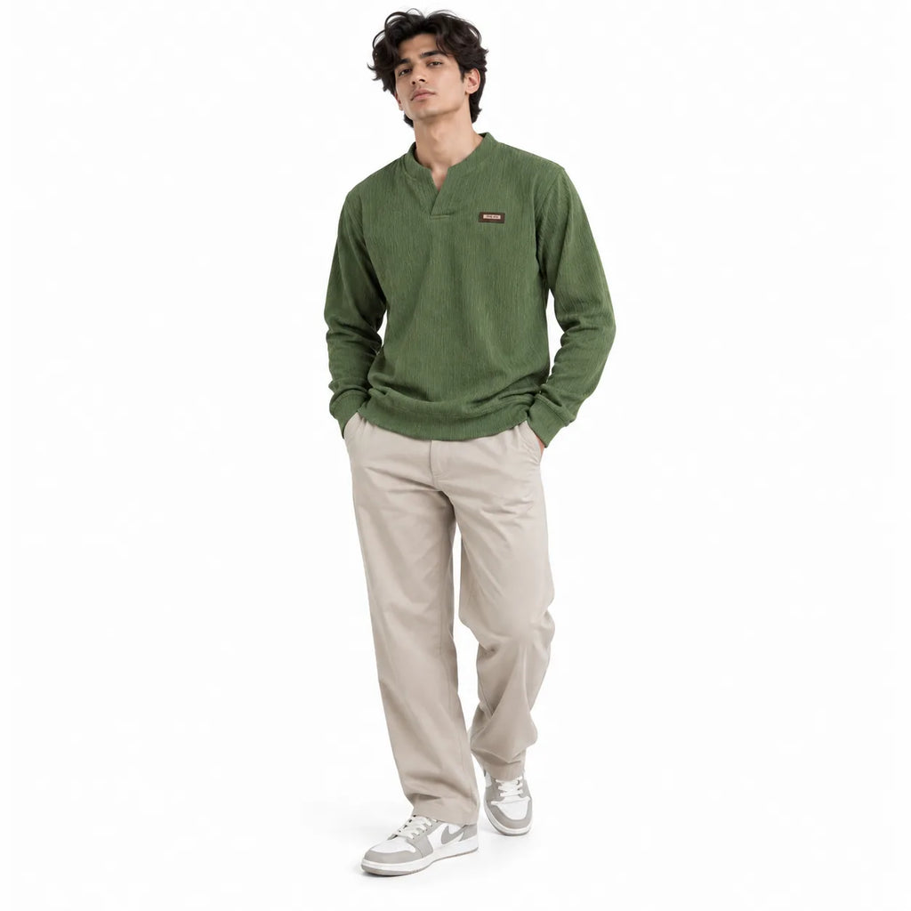 Forest green Textured Split-Neck Full Sleeve tee | Relaxed Fit