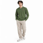 Forest green Textured Split-Neck Full Sleeve tee | Relaxed Fit
