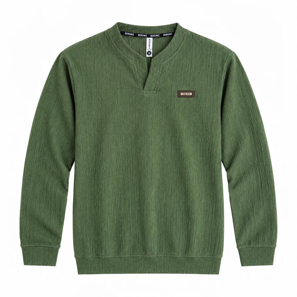 Forest green Textured Split-Neck Full Sleeve tee | Relaxed Fit