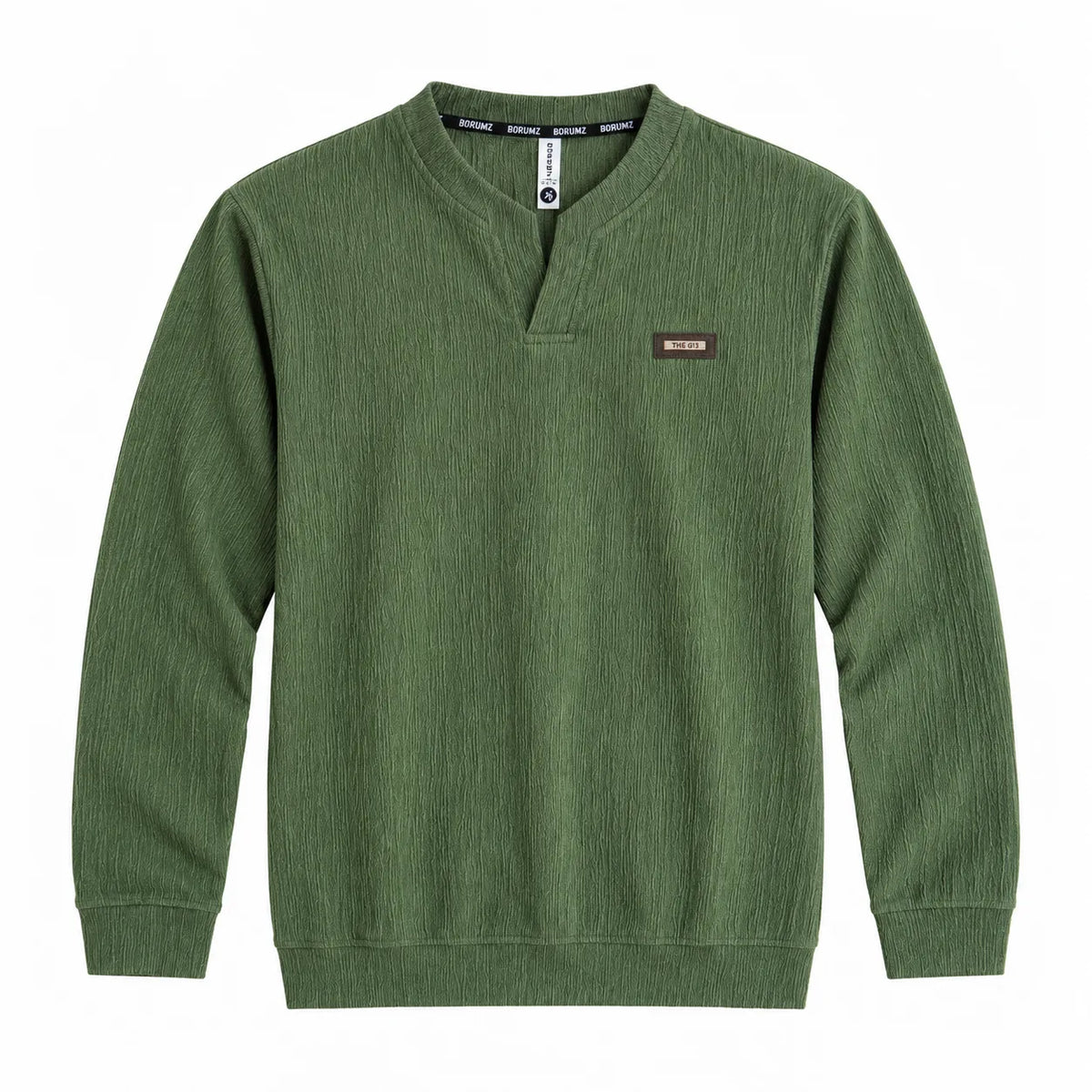 Forest green Textured Split-Neck Full Sleeve tee | Relaxed Fit