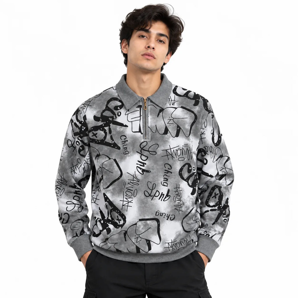 Black & Grey Graffiti Quarter-Zip Full-Sleeve Polo Tee | Relaxed Fit