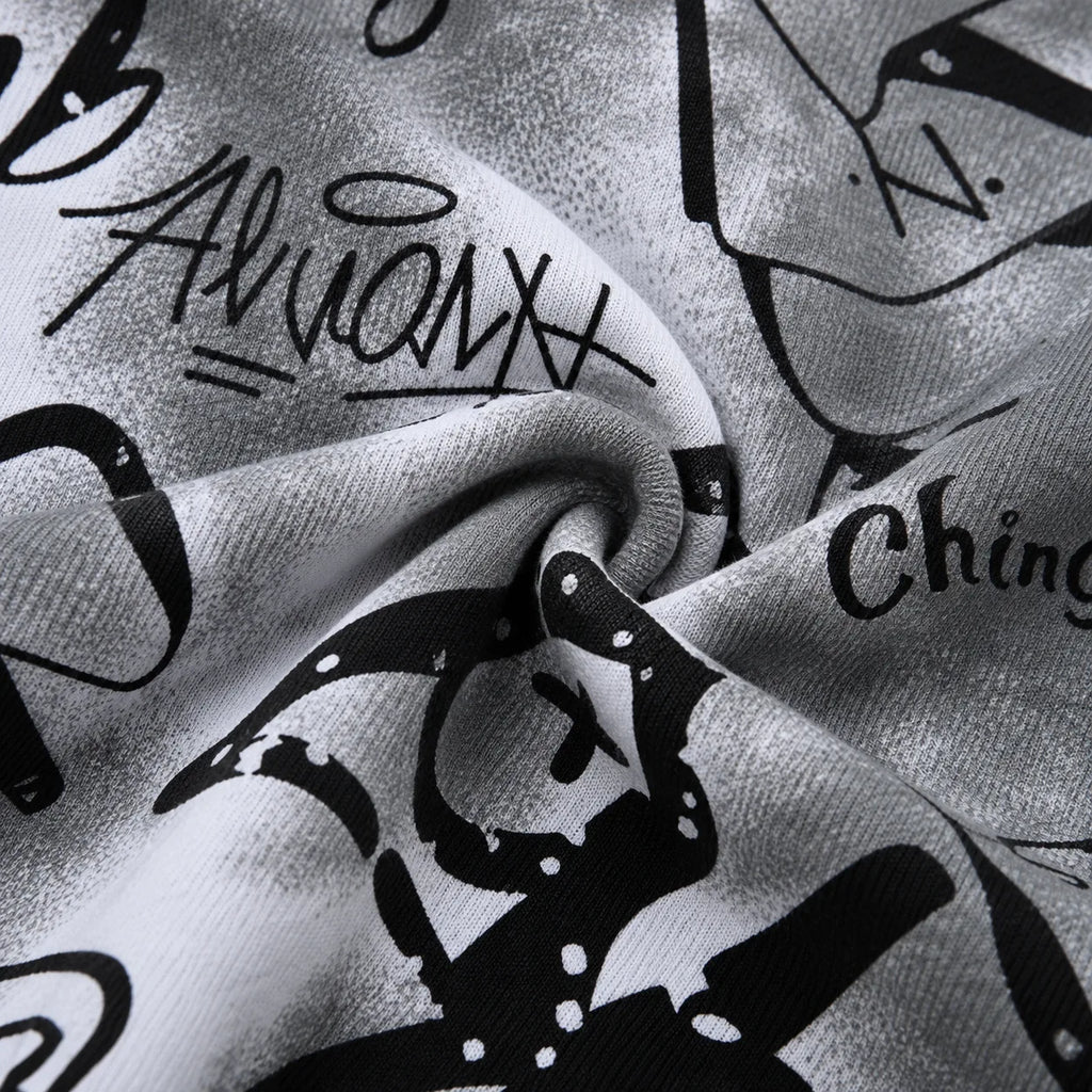 Black & Grey Graffiti Quarter-Zip Full-Sleeve Polo Tee | Relaxed Fit