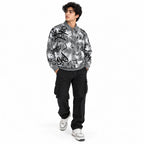 Black & Grey Graffiti Quarter-Zip Full-Sleeve Polo Tee | Relaxed Fit
