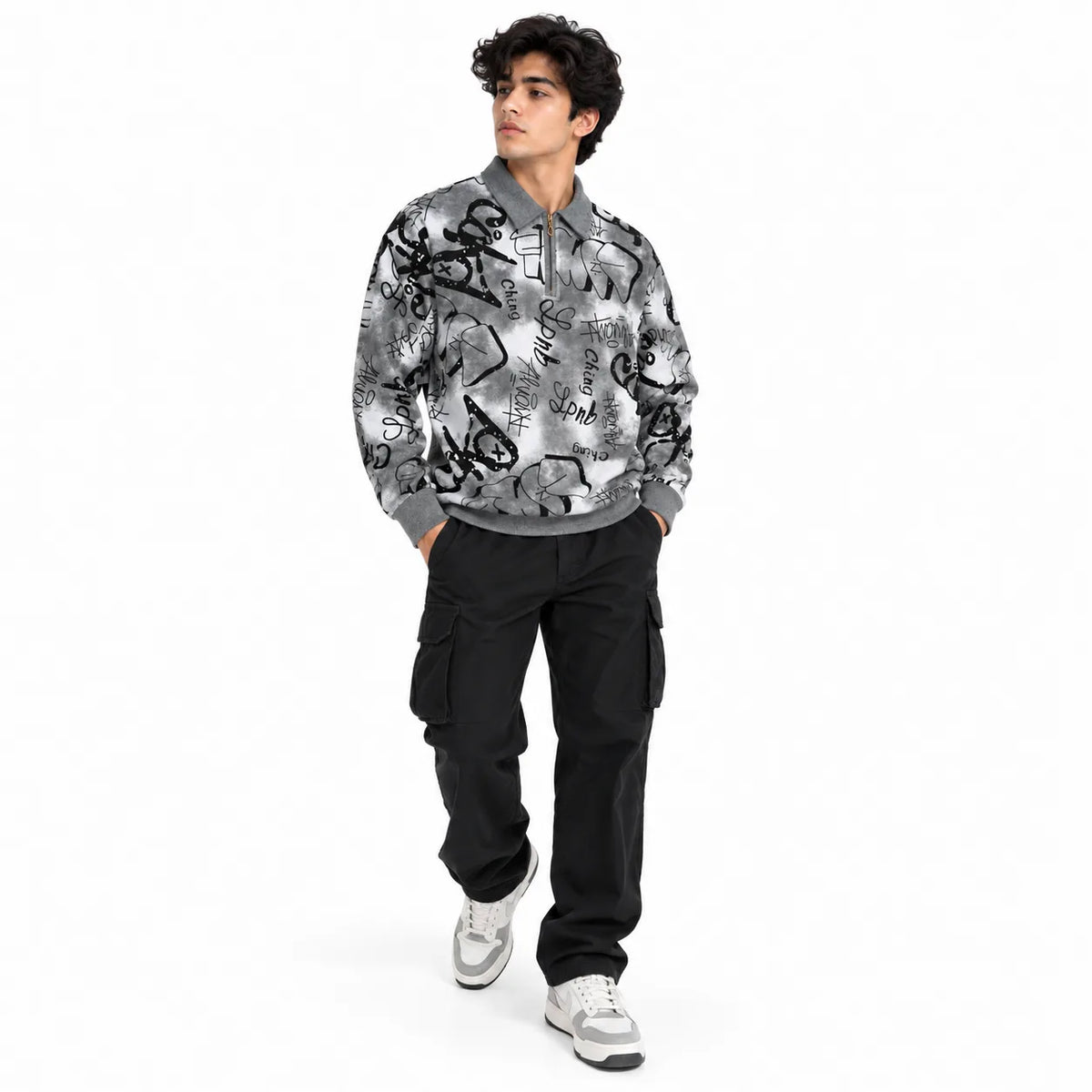Black & Grey Graffiti Quarter-Zip Full-Sleeve Polo Tee | Relaxed Fit