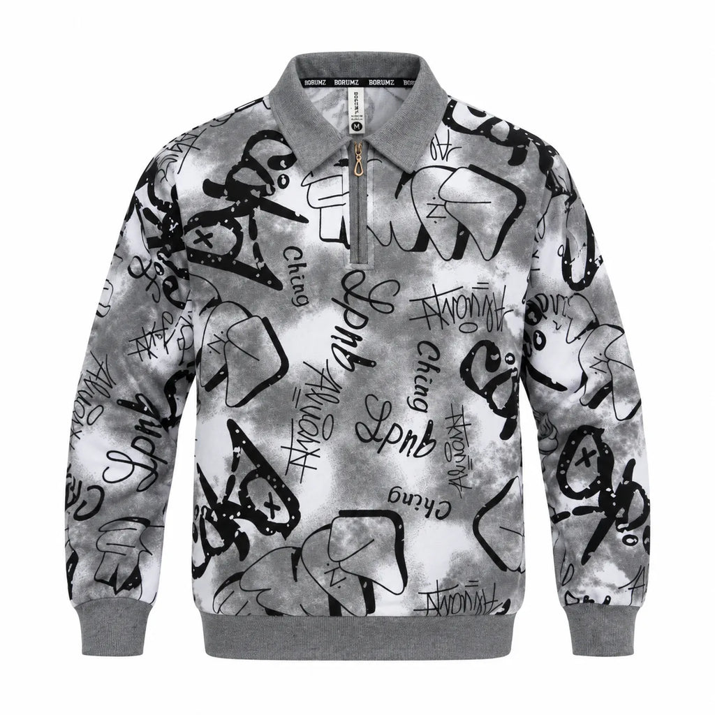 Black & Grey Graffiti Quarter-Zip Full-Sleeve Polo Tee | Relaxed Fit