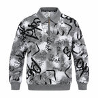 Black & Grey Graffiti Quarter-Zip Full-Sleeve Polo Tee | Relaxed Fit