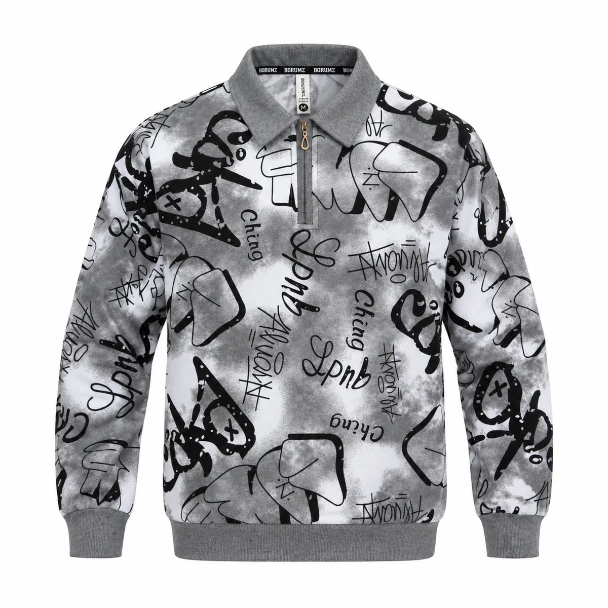 Black & Grey Graffiti Quarter-Zip Full-Sleeve Polo Tee | Relaxed Fit