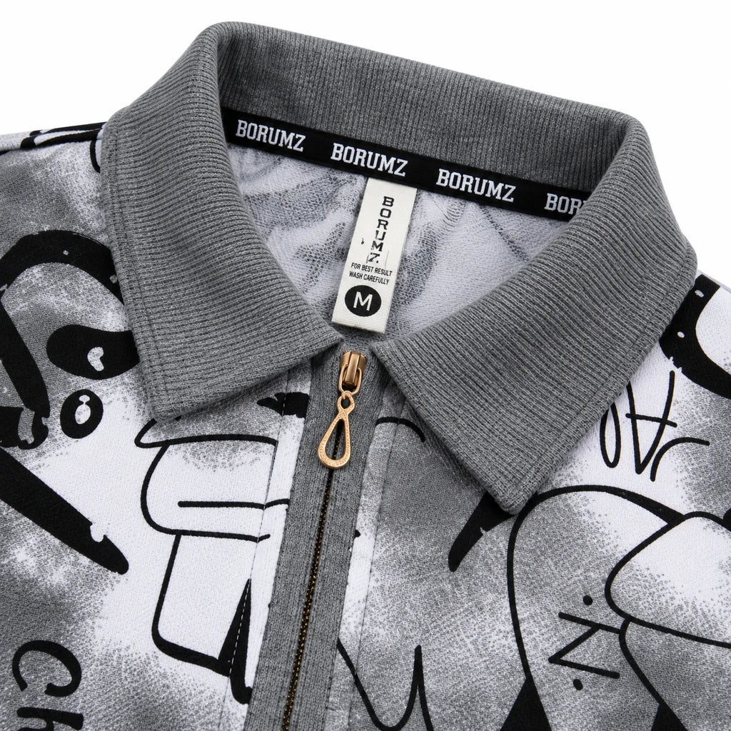 Black & Grey Graffiti Quarter-Zip Full-Sleeve Polo Tee | Relaxed Fit