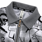Black & Grey Graffiti Quarter-Zip Full-Sleeve Polo Tee | Relaxed Fit