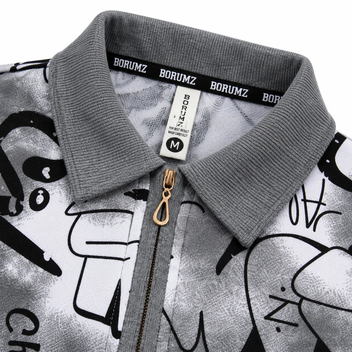 Black & Grey Graffiti Quarter-Zip Full-Sleeve Polo Tee | Relaxed Fit