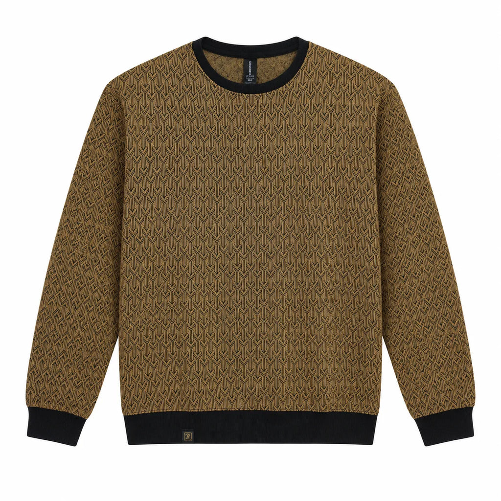 Graphite Brown Geo-Jacquard Full-Sleeve Tee | Relaxed Fit