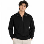 Black Jacquard Quarter-Zip Full Sleeve Tee | Relaxed Fit