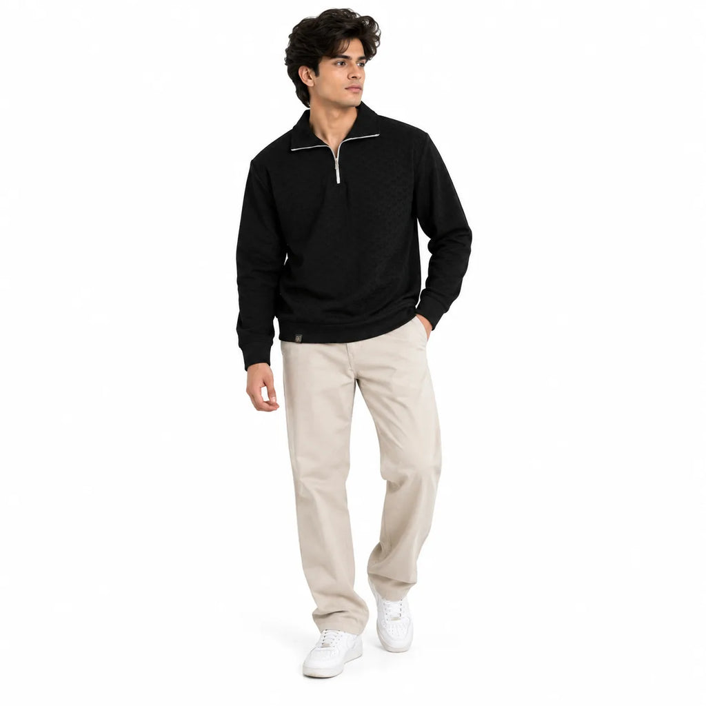 Black Jacquard Quarter-Zip Full Sleeve Tee | Relaxed Fit
