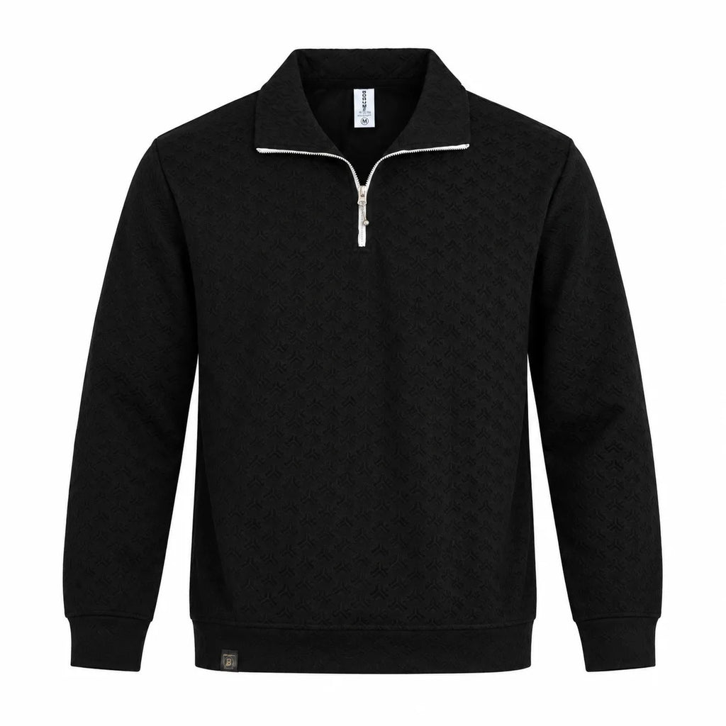 Black Jacquard Quarter-Zip Full Sleeve Tee | Relaxed Fit