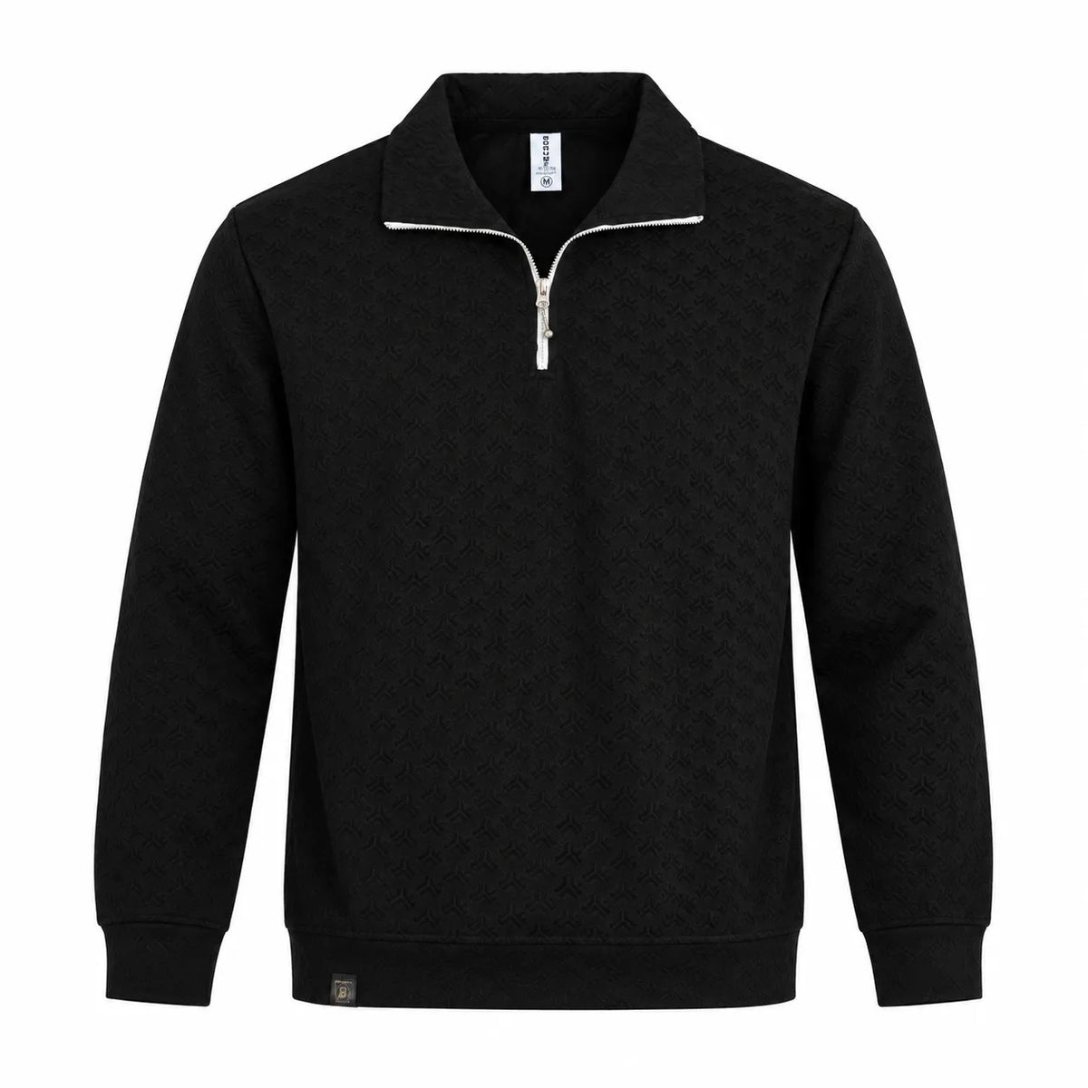 Black Jacquard Quarter-Zip Full Sleeve Tee | Relaxed Fit