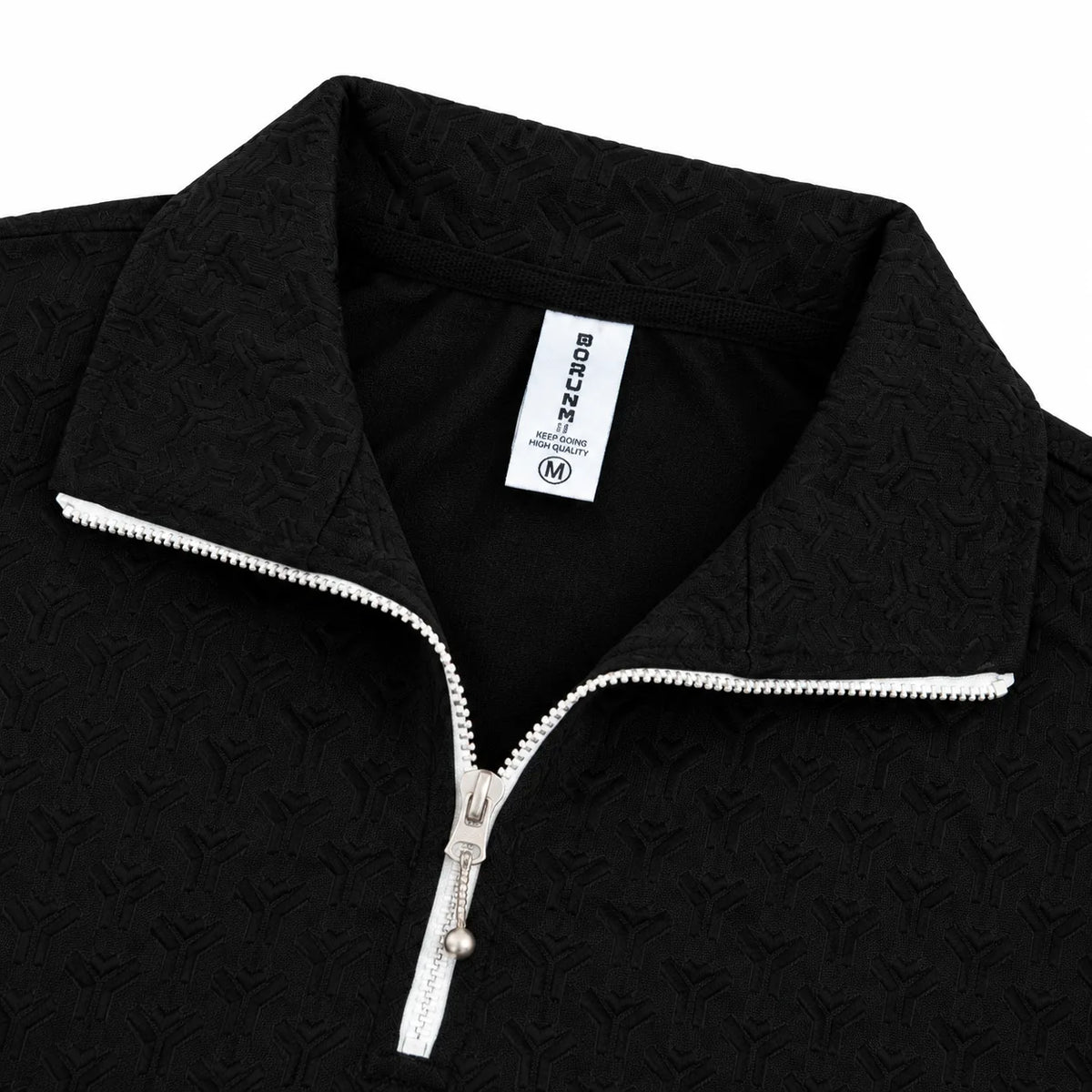 Black Jacquard Quarter-Zip Full Sleeve Tee | Relaxed Fit