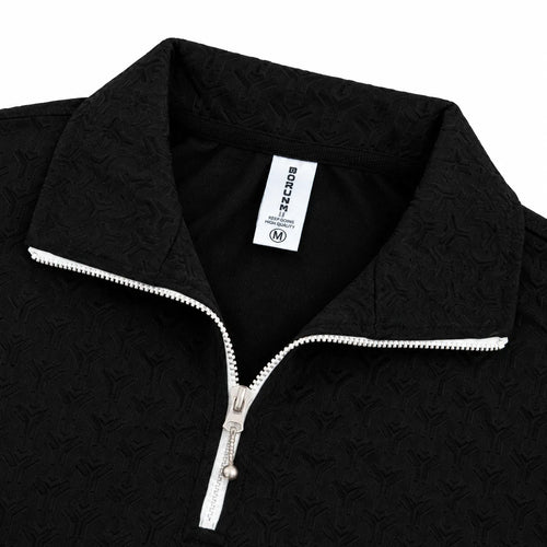 Black Jacquard Quarter-Zip Full Sleeve Tee | Relaxed Fit