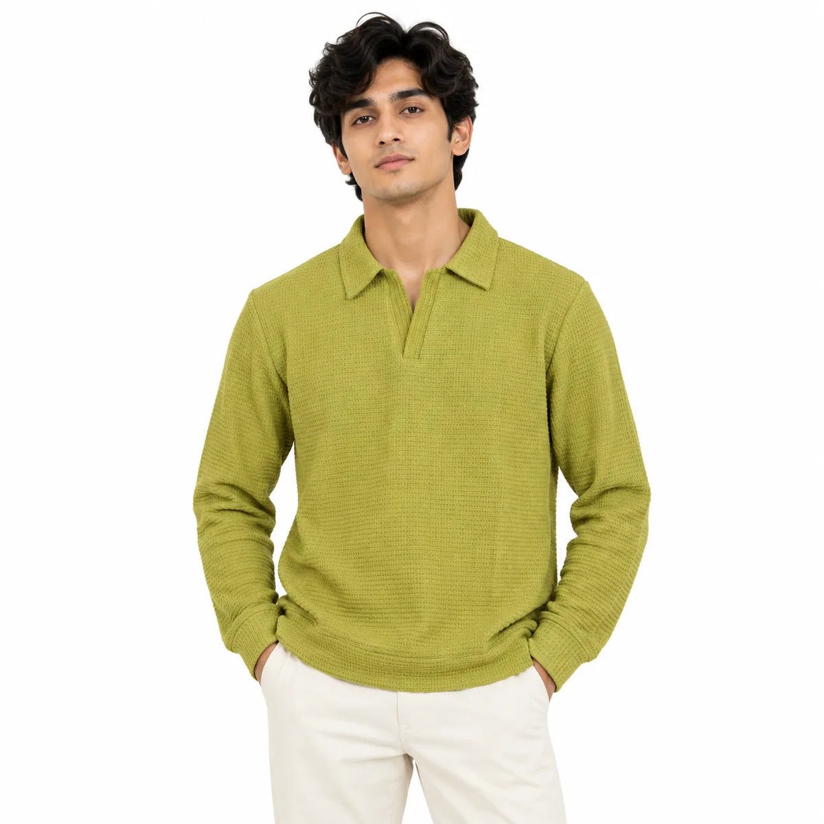 Greening Textured Open-Collar Full-Sleeve Polo Tee | Relaxed Fit