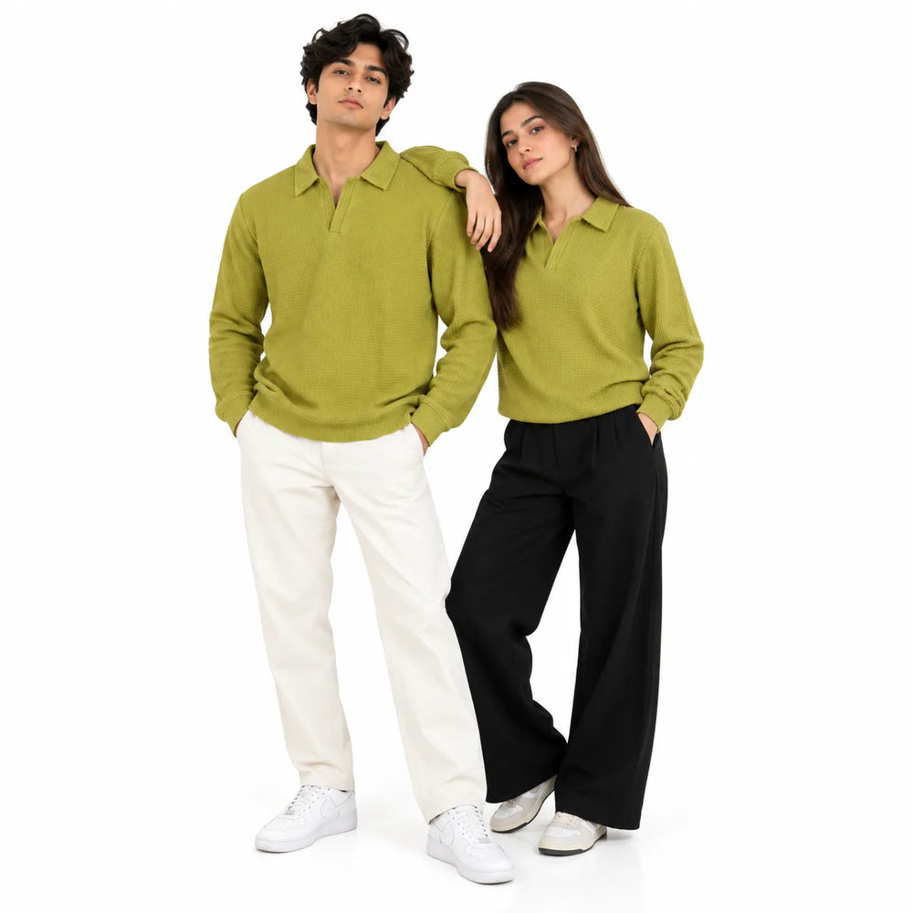 Greening Textured Open-Collar Full-Sleeve Polo Tee | Relaxed Fit