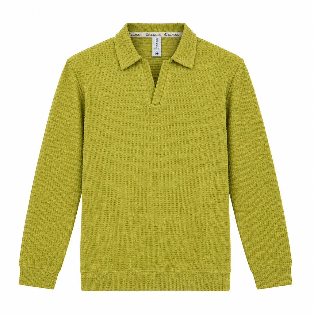 Greening Textured Open-Collar Full-Sleeve Polo Tee | Relaxed Fit