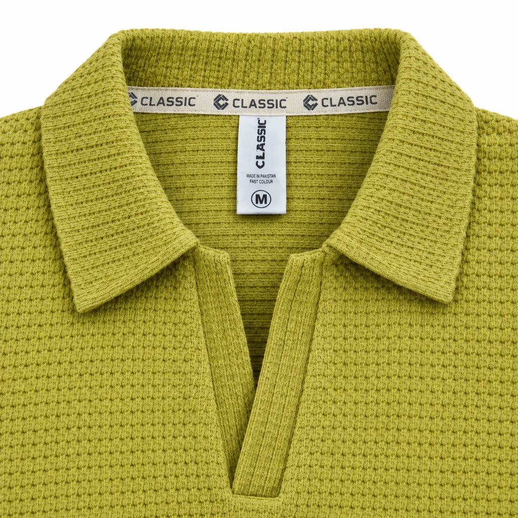 Greening Textured Open-Collar Full-Sleeve Polo Tee | Relaxed Fit