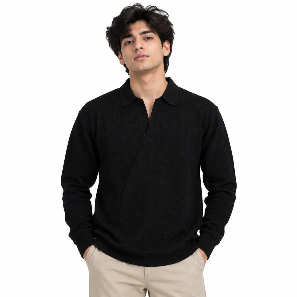 Black Textured Open-Collar Full-Sleeve Polo Tee | Relaxed Fit (Copy)
