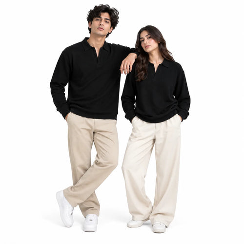 Black Textured Open-Collar Full-Sleeve Polo Tee | Relaxed Fit (Copy)