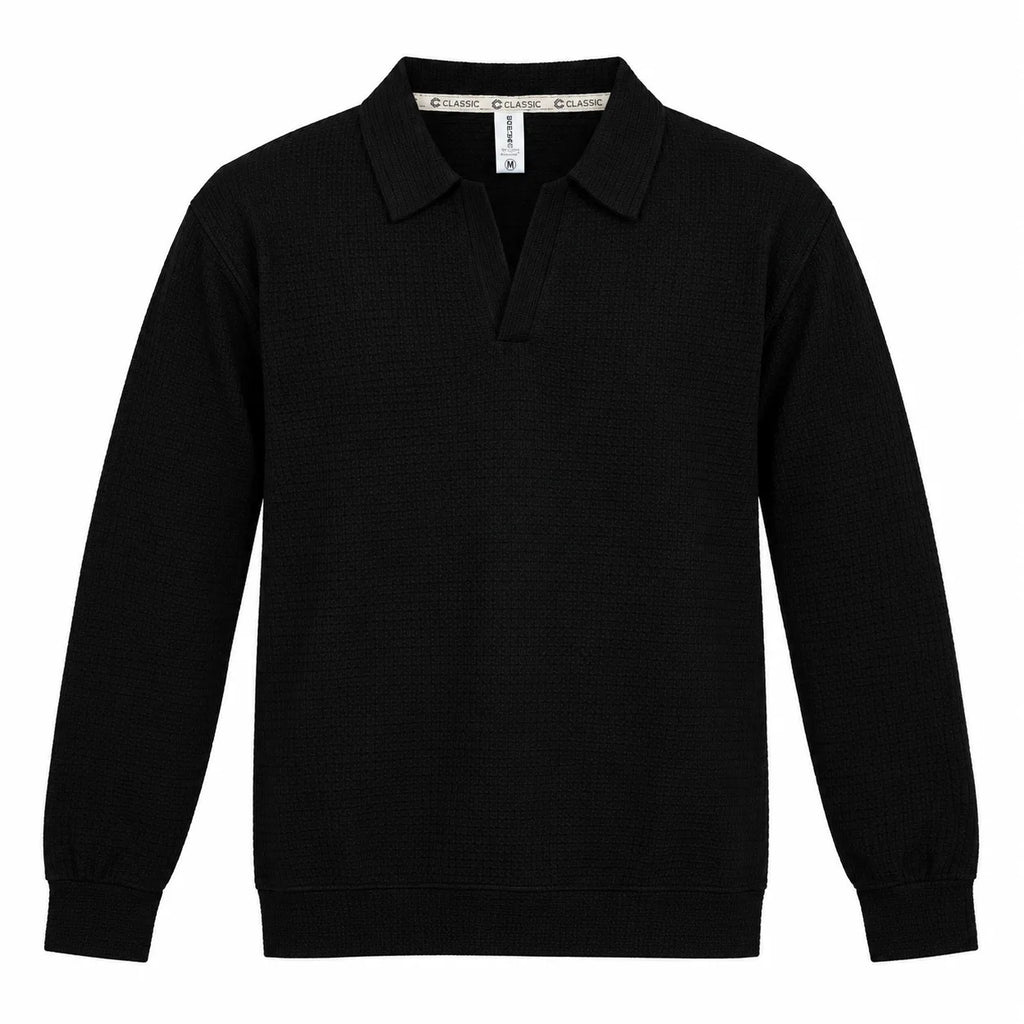 Black Textured Open-Collar Full-Sleeve Polo Tee | Relaxed Fit (Copy)