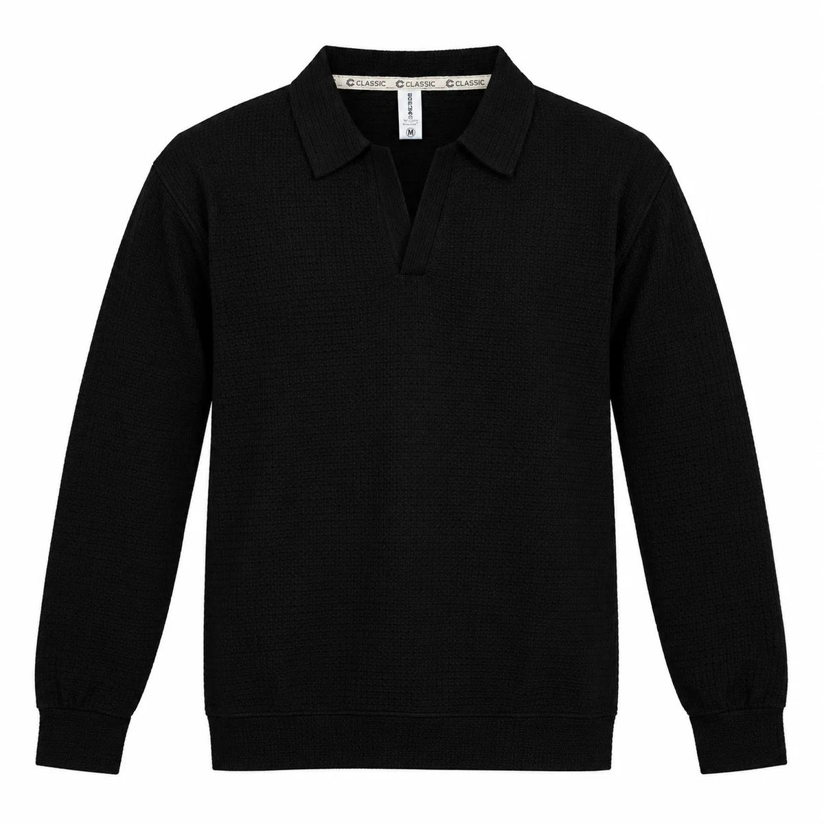 Black Textured Open-Collar Full-Sleeve Polo Tee | Relaxed Fit (Copy)