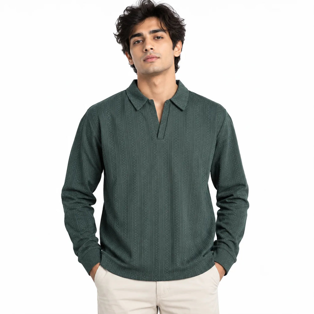 Forest Green Jacquard Open-Collar Full-Sleeve Polo Tee | Relaxed Fit
