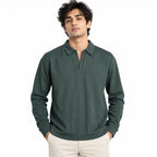Forest Green Jacquard Open-Collar Full-Sleeve Polo Tee | Relaxed Fit