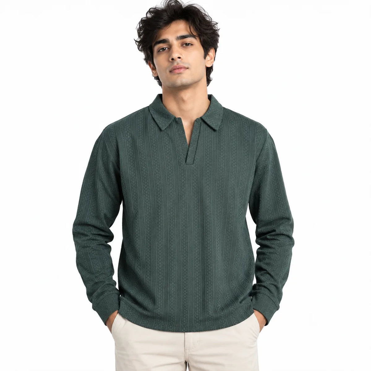 Forest Green Jacquard Open-Collar Full-Sleeve Polo Tee | Relaxed Fit