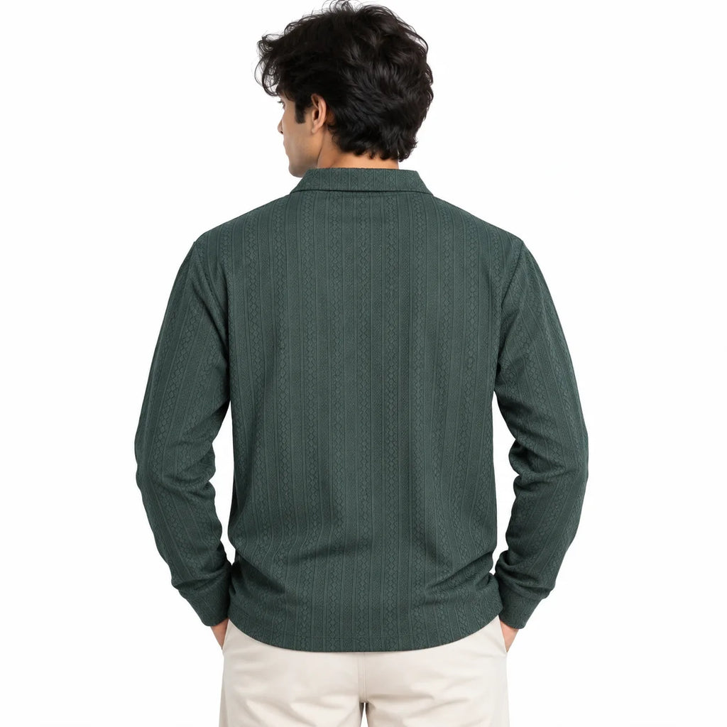 Forest Green Jacquard Open-Collar Full-Sleeve Polo Tee | Relaxed Fit