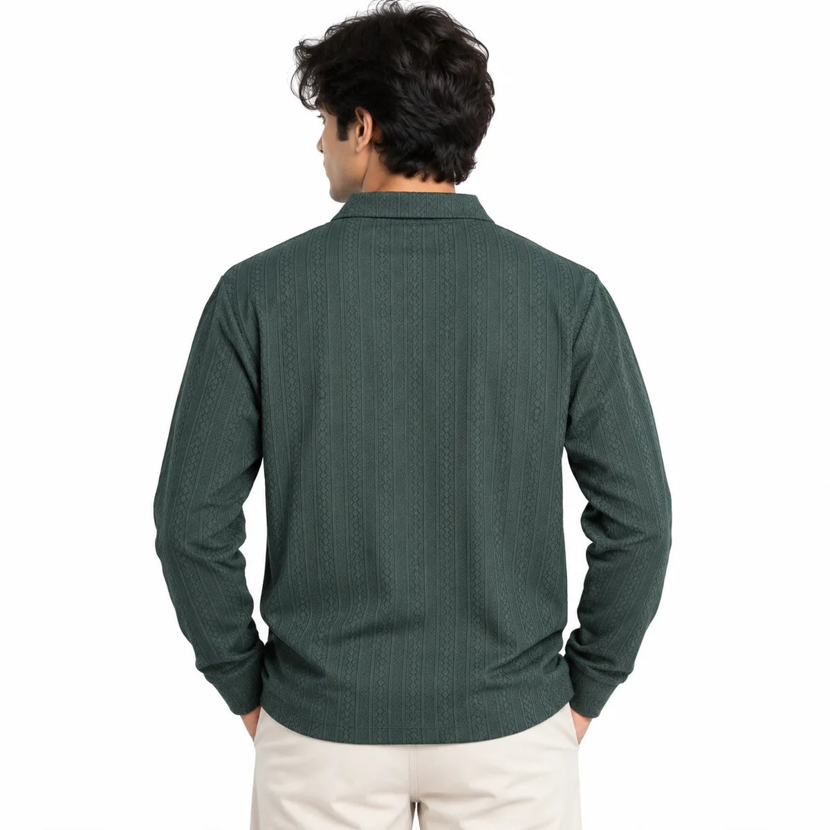 Forest Green Jacquard Open-Collar Full-Sleeve Polo Tee | Relaxed Fit