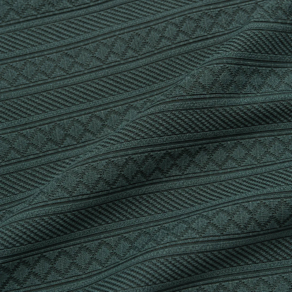 Forest Green Jacquard Open-Collar Full-Sleeve Polo Tee | Relaxed Fit