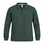 Forest Green Jacquard Open-Collar Full-Sleeve Polo Tee | Relaxed Fit