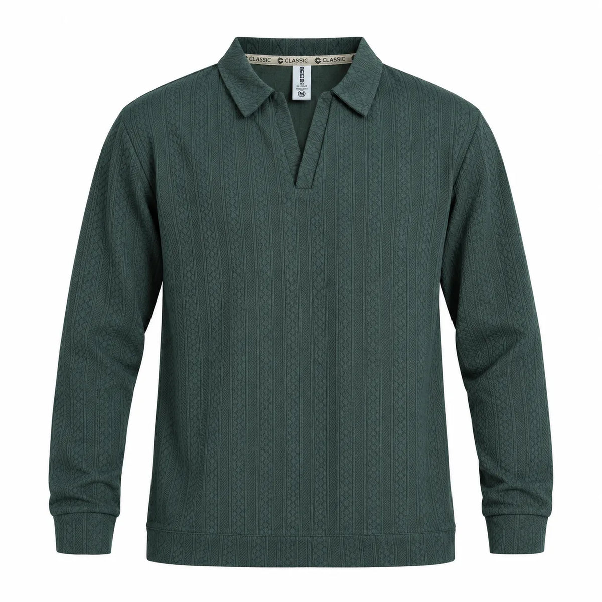 Forest Green Jacquard Open-Collar Full-Sleeve Polo Tee | Relaxed Fit