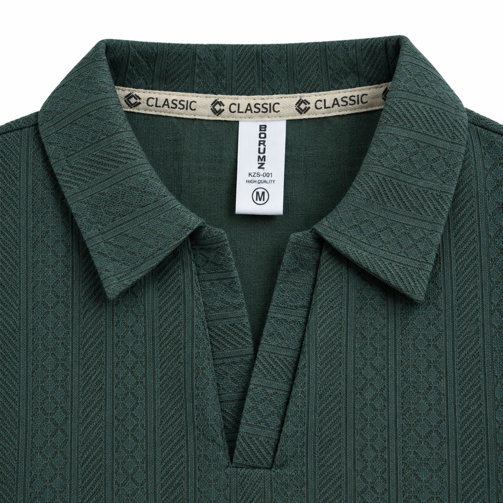Forest Green Jacquard Open-Collar Full-Sleeve Polo Tee | Relaxed Fit