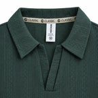 Forest Green Jacquard Open-Collar Full-Sleeve Polo Tee | Relaxed Fit