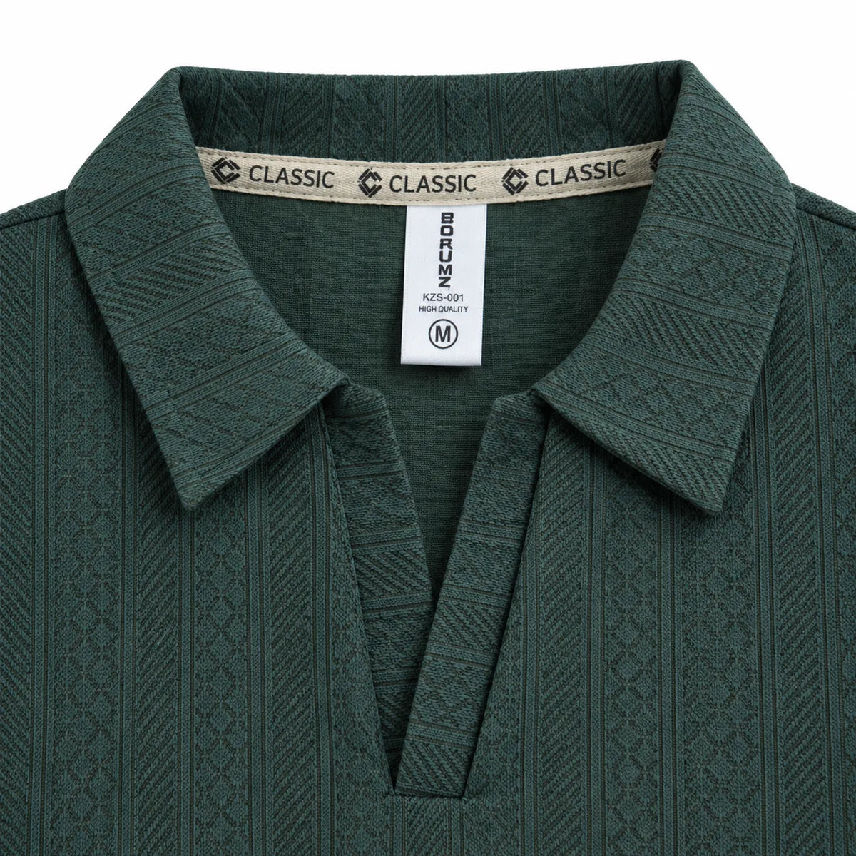 Forest Green Jacquard Open-Collar Full-Sleeve Polo Tee | Relaxed Fit