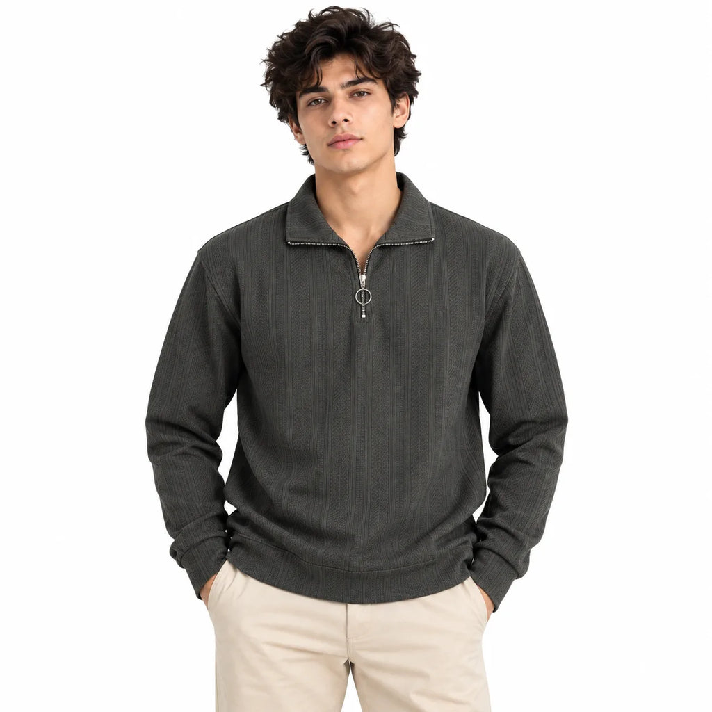 Grey Jacquard Open-Collar Full-Sleeve Polo Tee | Relaxed Fit