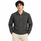 Grey Jacquard Open-Collar Full-Sleeve Polo Tee | Relaxed Fit