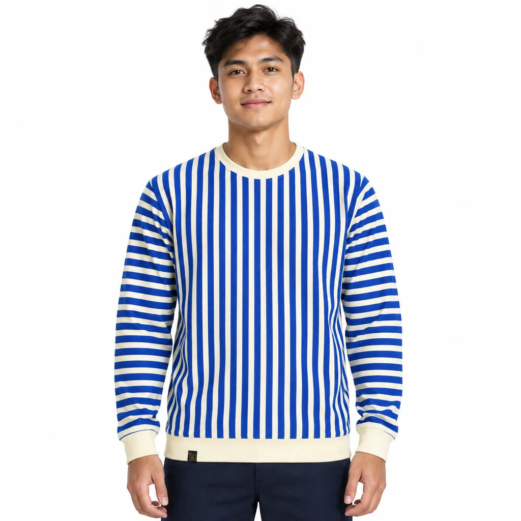 Blue & Cream Stripe Full-Sleeve Tee | Relaxed Fit