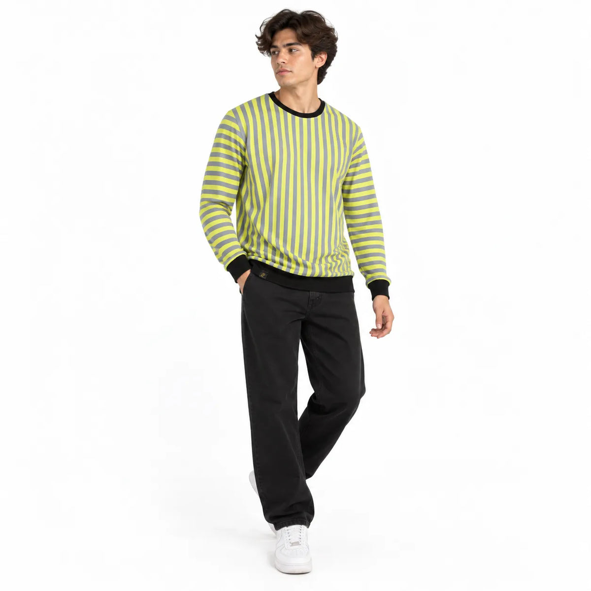 Volt Yellow & Graphite Stripe Full-Sleeve Tee | Relaxed Fit