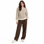 Brown & Cream Stripe Full-Sleeve Tee | Relaxed Fit