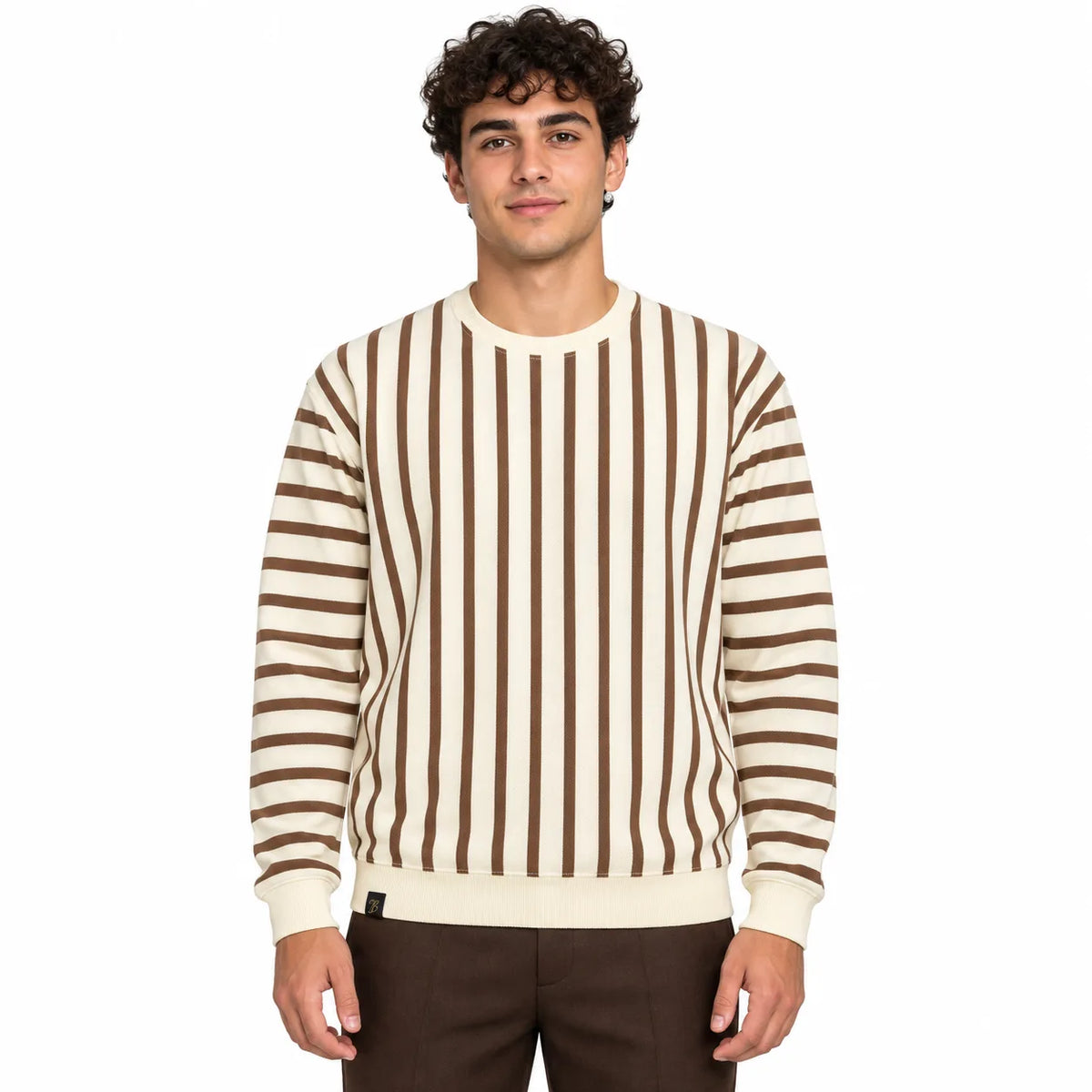 Brown & Cream Stripe Full-Sleeve Tee | Relaxed Fit