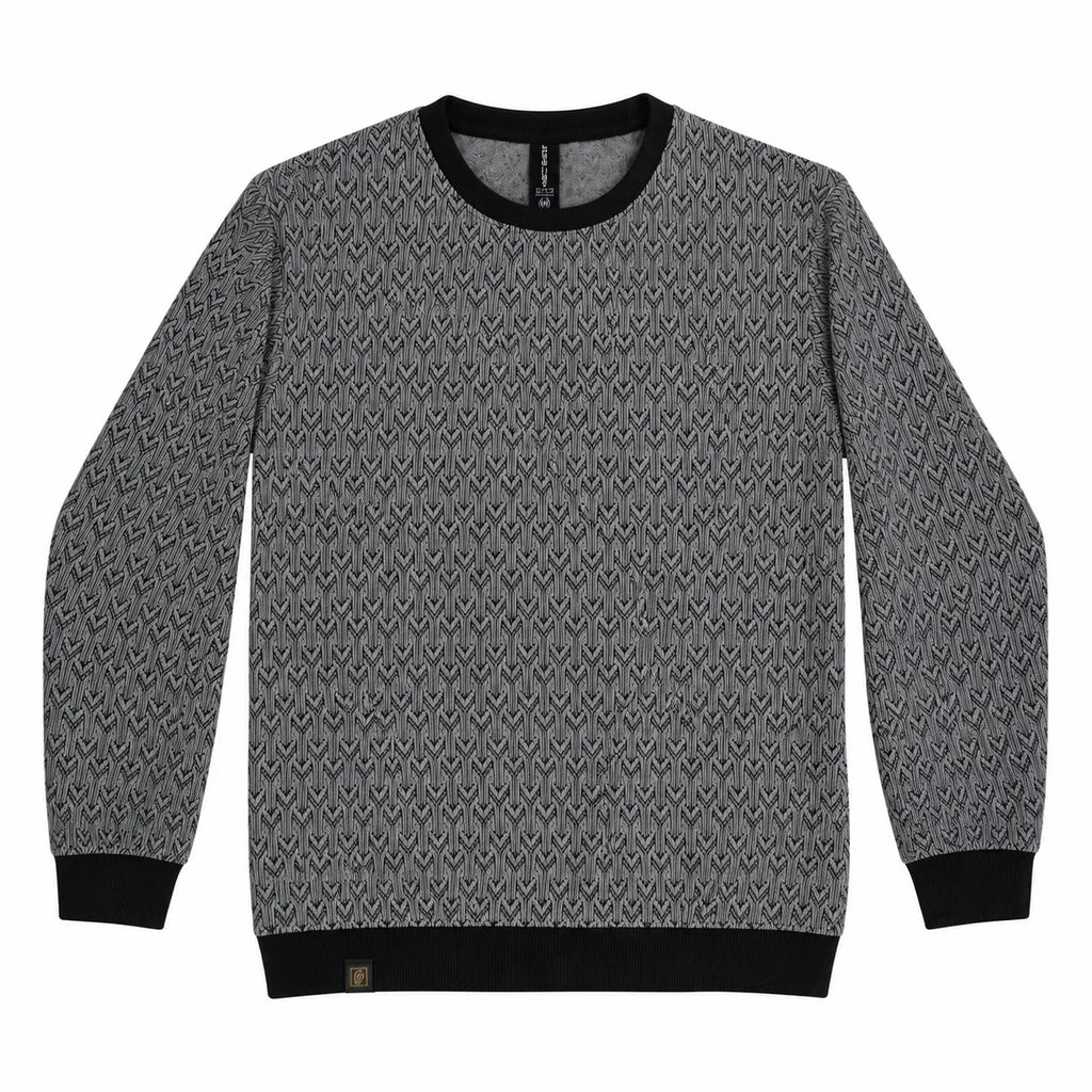 Graphite Grey Geo-Jacquard Full-Sleeve Tee | Relaxed Fit
