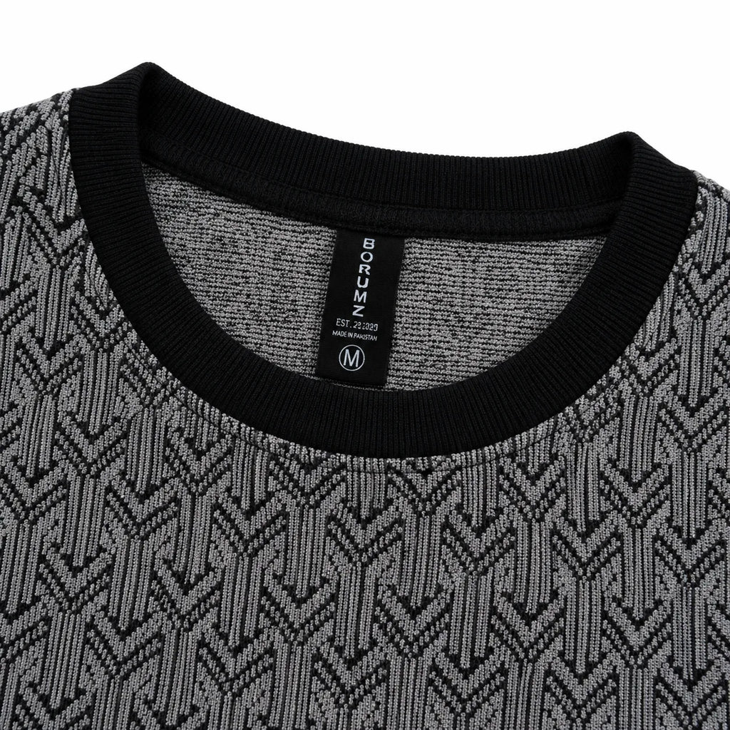 Graphite Grey Geo-Jacquard Full-Sleeve Tee | Relaxed Fit