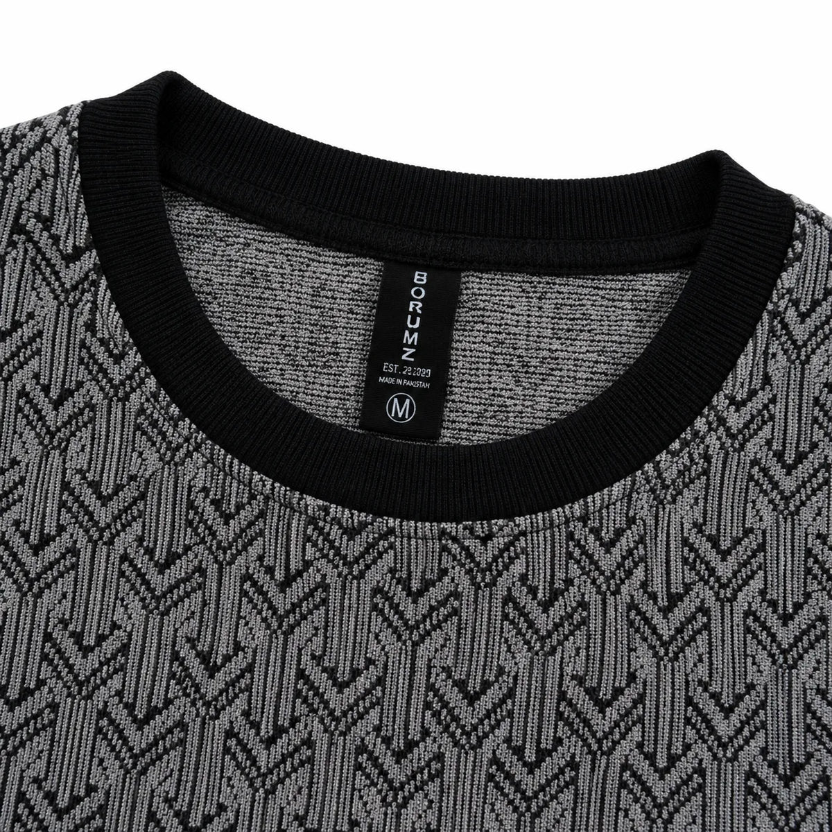 Graphite Grey Geo-Jacquard Full-Sleeve Tee | Relaxed Fit